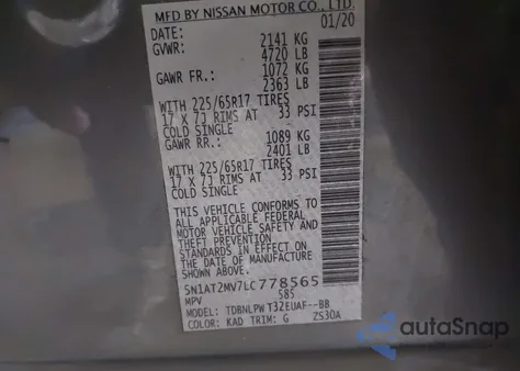 2020 Nissan Rogue S Intelligent Awd из США, поврежденный, VIN 5N1AT2MV7LC778565